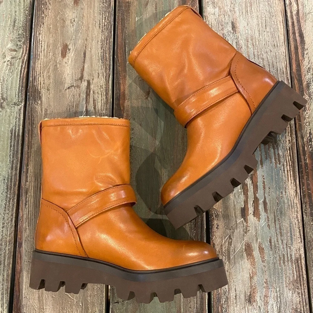 Ross & Snow Lucky Waterproof Cognac Leather Moto Ankle Boots Womens Size 6 Brown